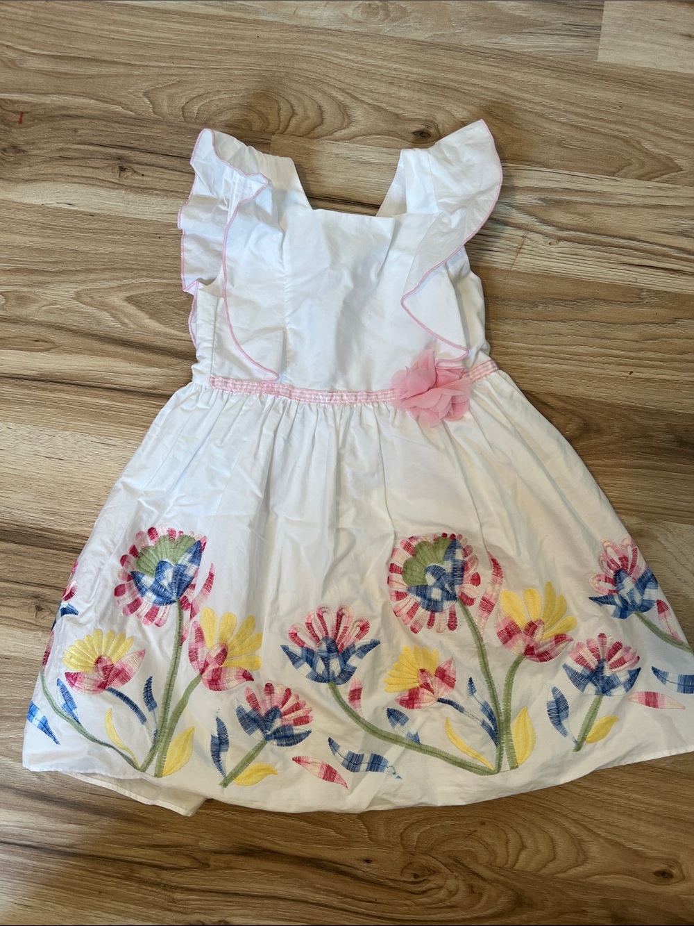 White Floral Embroidered Girls Dress with Pink Trim